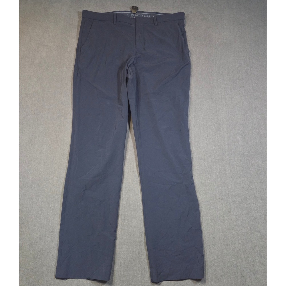 Perry Ellis Slim Fit Pants Mens 34x32 Blue Stretch Flat Front Trousers MA4754